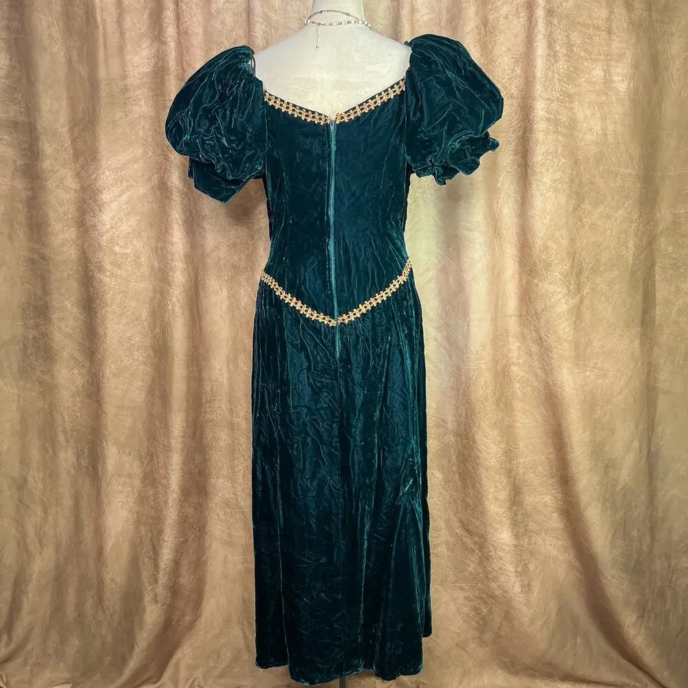 Vintage Renaissance Dress 70s Velour Medieval Gown Green Puff Sleeve Princess - Picture 4 of 9